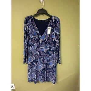 NWT‎ Lauren Ralph Lauren Floral Jersey Dress Sz 14 Stretch Navy Blue Long Sleeve